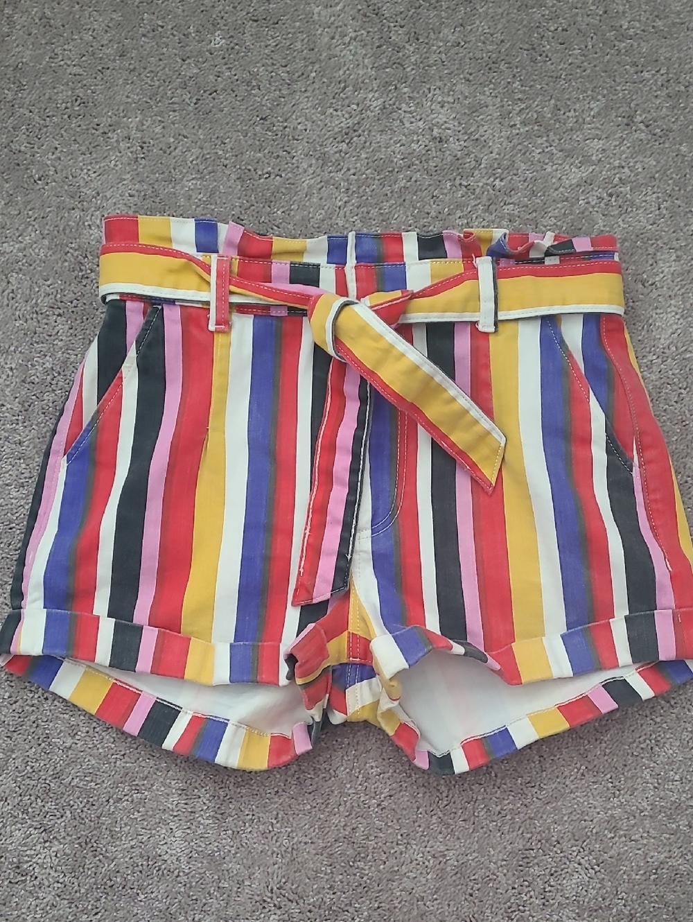 High Waisted Express Multi-Color Striped Belted Jean Shorts 2.5 Inch Inseam